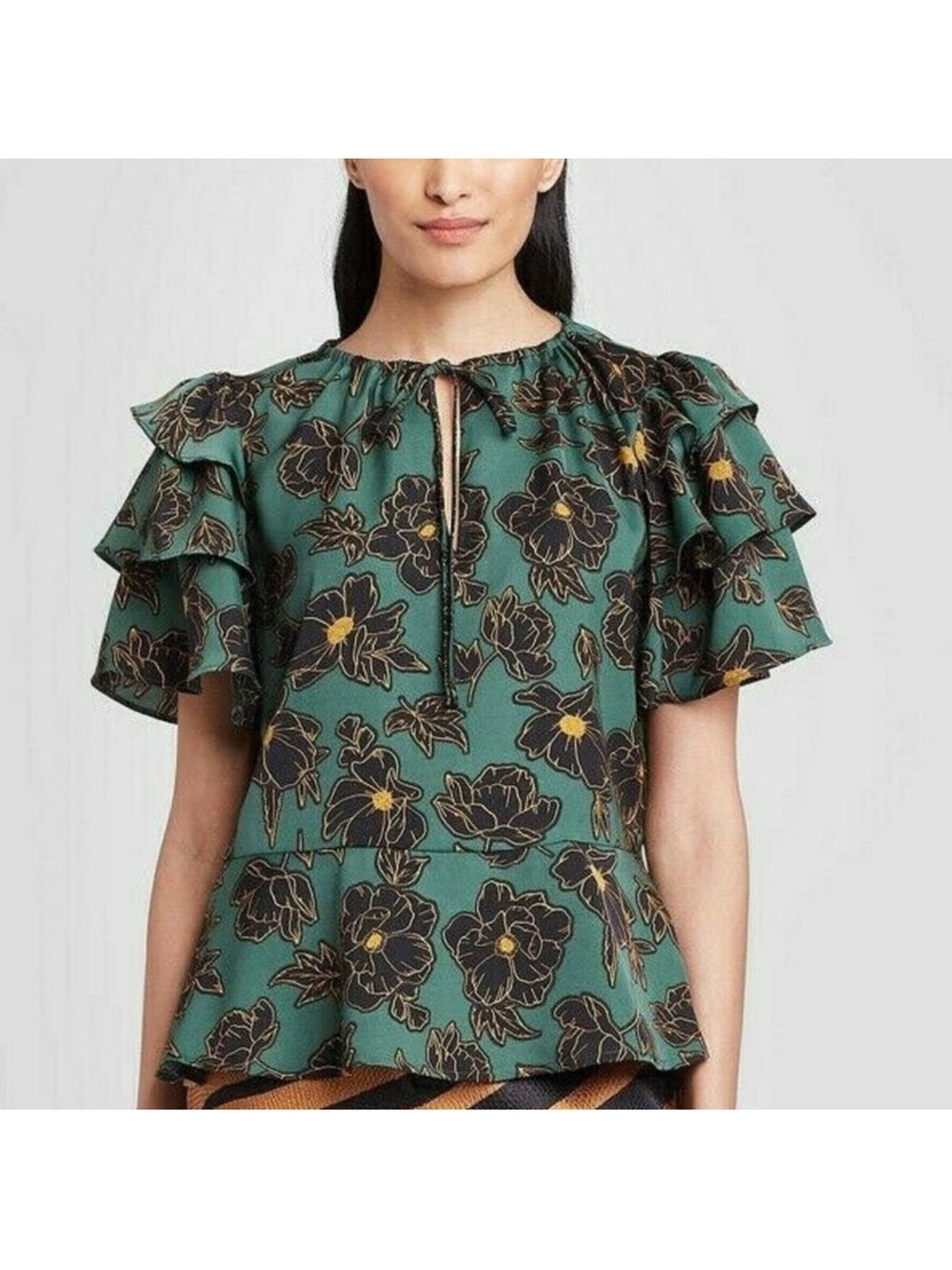 Who What Wear Green Floral Peplum Blouse with Ruffle Sleeves
